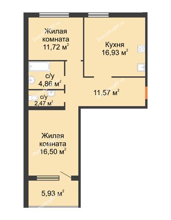 2 комнатная квартира 64,75 м² в ЖК Квартет, дом ГП-227