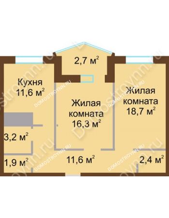 2 комнатная квартира 68,4 м² в ЖК Монолит, дом № 89, корп. 1, 2