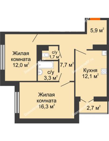 2 комнатная квартира 60,4 м² в ЖК По ул. Дорожная, дом Позиция 1
