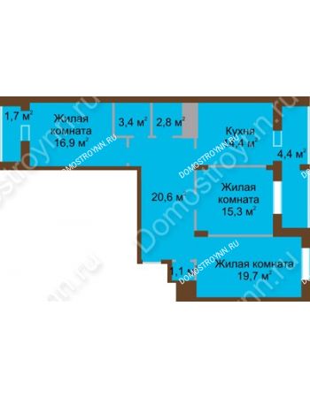 3 комнатная квартира 100,3 м² в ЖК Монолит, дом № 89, корп. 1, 2