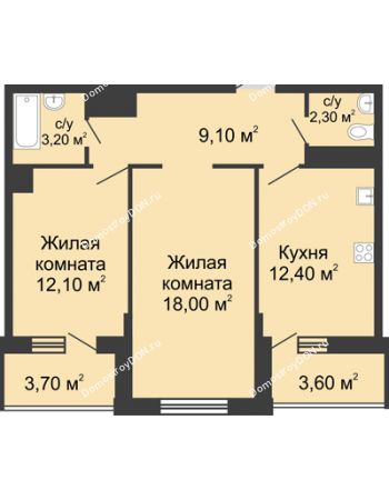 2 комнатная квартира 61,1 м² в ЖК Первый, дом Литер 2