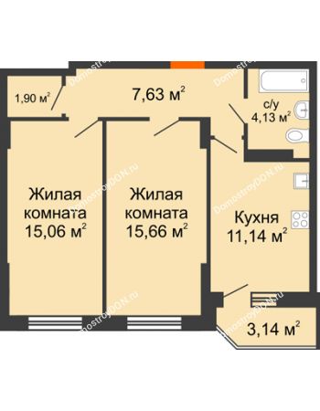 2 комнатная квартира 56,46 м² в ЖК Свобода, дом №2