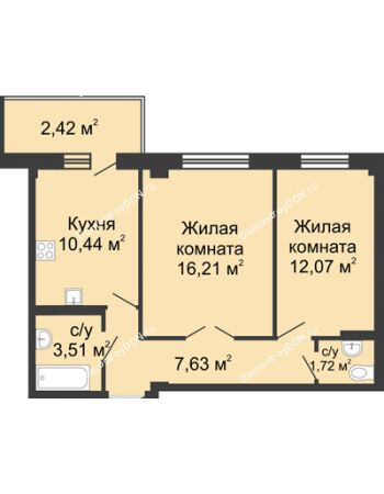 2 комнатная квартира 52,71 м² в ЖК Соловьиная роща, дом № 3