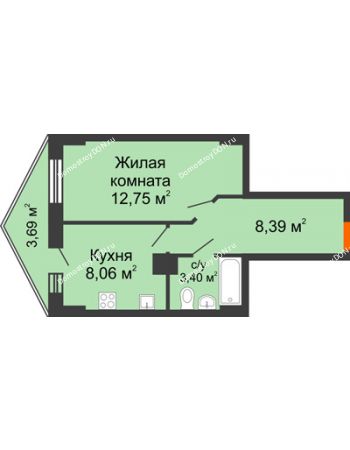 1 комнатная квартира 33,87 м² в ЖК Рубин, дом Литер 3