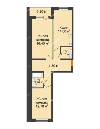 2 комнатная квартира 61,2 м² в ЖК Победный, дом Литер 3