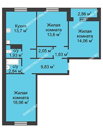 3 комнатная квартира 77,9 м² в ЖК Корабли, дом № 1