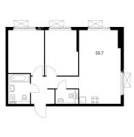 2 комнатная квартира 55,7 м² в ЖК Савин парк, дом корпус 1 - планировка