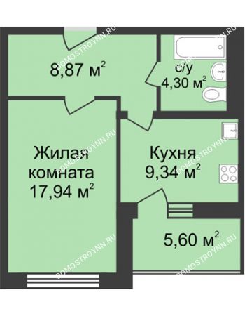 1 комнатная квартира 43,25 м² в ЖК Планетарий, дом № 6