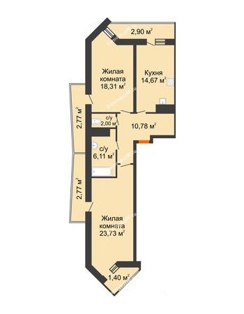 2 комнатная квартира 85,44 м² в ЖК Империал, дом Литер 9