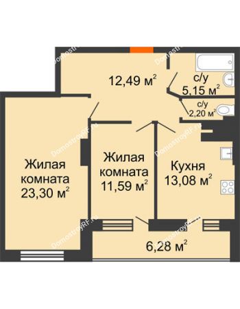 2 комнатная квартира 74,3 м² в ЖК Волжские Огни	, дом B1