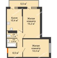 2 комнатная квартира 51,9 м² в ЖК Акварели-2, дом Литер 4 - планировка