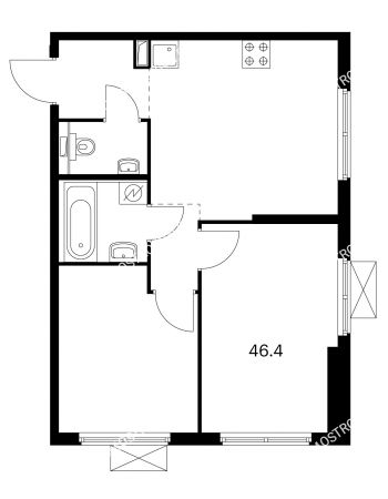 2 комнатная квартира 46,4 м² в ЖК Савин парк, дом корпус 4