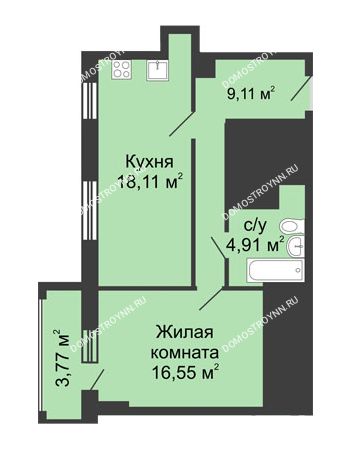 1 комнатная квартира 50,57 м² - ЖК Гелиос