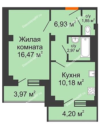 1 комнатная квартира 41,66 м² в ЖК Парковый, дом 6 позиция, блок-секция 3