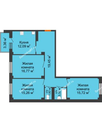 3 комнатная квартира 85,54 м² в ЖК Ясный, дом № 10