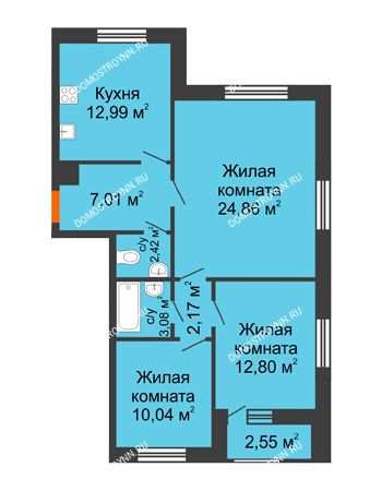 3 комнатная квартира 75,55 м² - ЖК Дом на Чаадаева