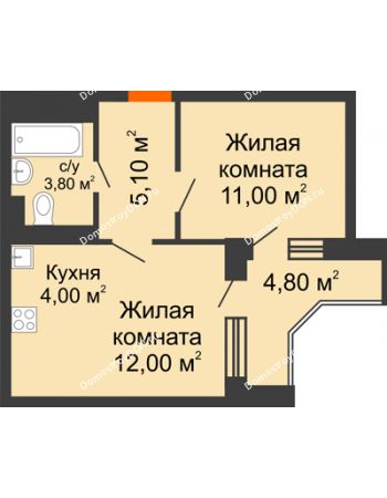 2 комнатная квартира 38,8 м² в ЖК Династия, дом Литер 2