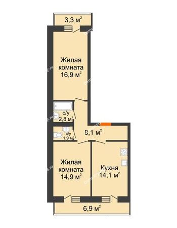 2 комнатная квартира 61,8 м² в ЖК Оазис 2, дом Литер 6