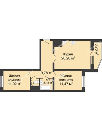 2 комнатная квартира 58,67 м² в ЖК Французский квартал, дом Корпус 6-11