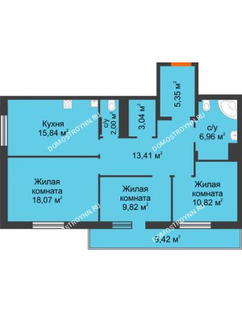 3 комнатная квартира 90,02 м² в ЖК Циолковский, дом № 2