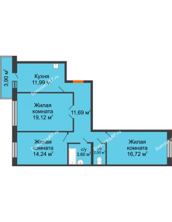 3 комнатная квартира 80,53 м² в ЖК Бограда, дом № 2