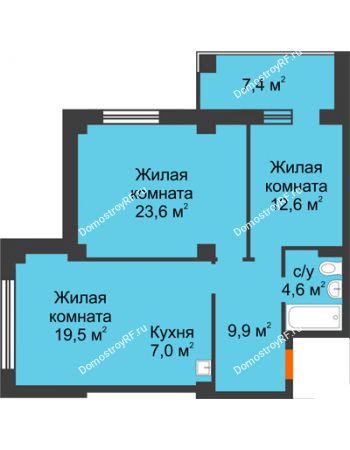 3 комнатная квартира 75,5 м² в ЖК Перья, дом № 1, 4 этап