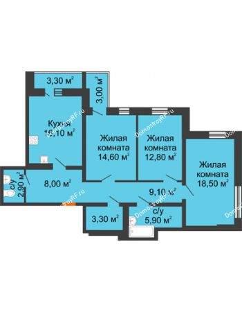 3 комнатная квартира 94,4 м² в ЖК Шестое чувство, дом 2 очередь 2 позиция