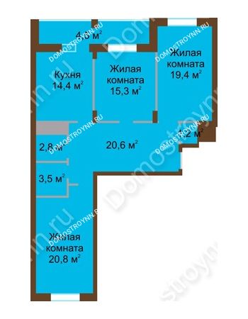 3 комнатная квартира 102,5 м² в ЖК Монолит, дом № 89, корп. 1, 2