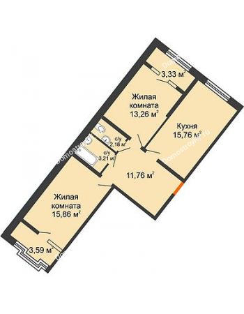 2 комнатная квартира 65,5 м² в ЖК Сердце, дом № 1