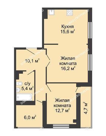 2 комнатная квартира 64,41 м² в ЖК Сердце Нижнего, дом № 35