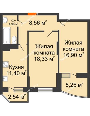 2 комнатная квартира 63,53 м² в ЖК Россинский парк, дом Литер 1