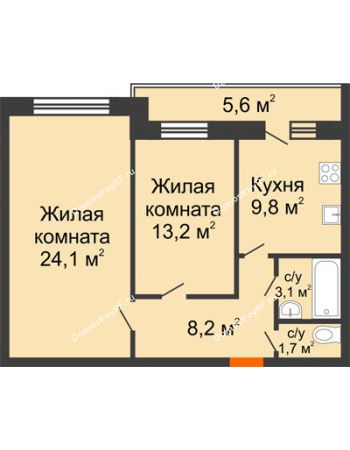 2 комнатная квартира 62,9 м² в ЖК Акварель, дом №5
