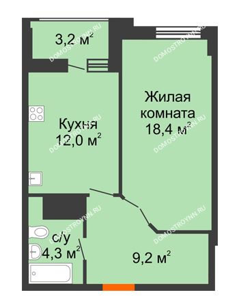 1 комнатная квартира 45,5 м² в ЖК Квартет, дом № 3