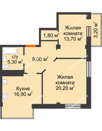 2 комнатная квартира 67,86 м² в Микрорайон Европейский, дом №9 блок-секции 1,2