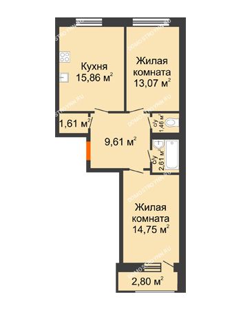 2 комнатная квартира 61,77 м² в ЖК Москва Град, дом № 63
