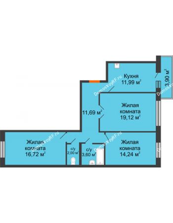 3 комнатная квартира 80,53 м² в ЖК Бограда, дом № 2