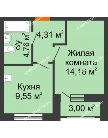 1 комнатная квартира 34,28 м² - ЖД по ул. Сухопутная