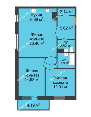 3 комнатная квартира 74,35 м² в ЖК На Хмельницкого	, дом № 3