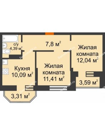 2 комнатная квартира 48,52 м² в ЖК Светлоград, дом Литер 15