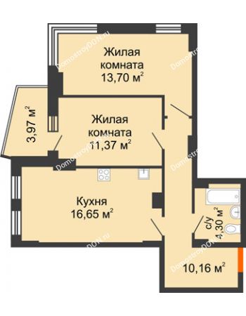 2 комнатная квартира 57,84 м² в ЖК Город у реки, дом Литер 7