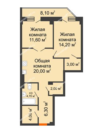 2 комнатная квартира 73,1 м² в ЖК Архиерейская роща, дом № 54б
