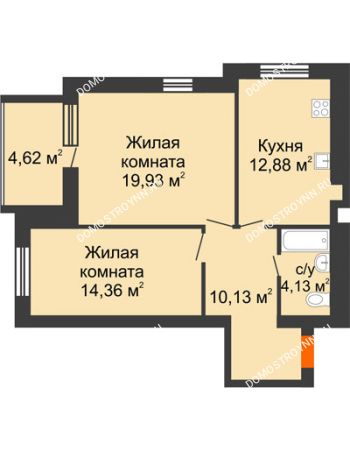 2 комнатная квартира 63,75 м² в ЖК Свобода, дом 1 очередь