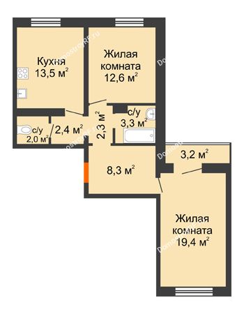 2 комнатная квартира 65,4 м² в ЖК Озерки	, дом Позиция 17