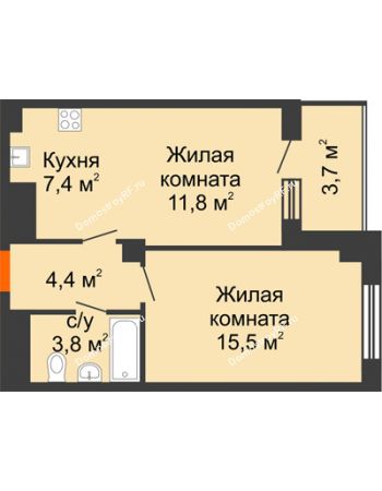 2 комнатная квартира 44,8 м² в ЖК Времена года, дом № 1