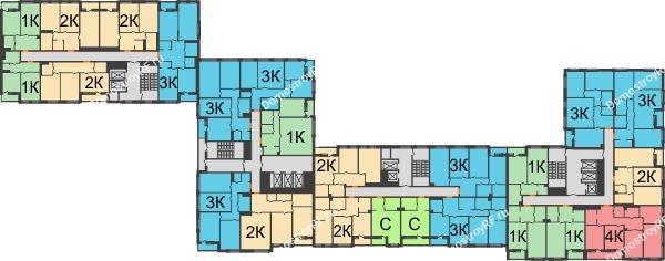Планировка 6 этажа в доме 1 этап, секции 11,12,13,14 в ЖК Бунин