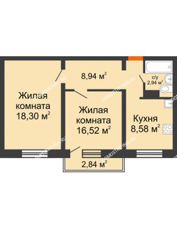 2 комнатная квартира 51,38 м² в ЖК Торпедо, дом № 18
