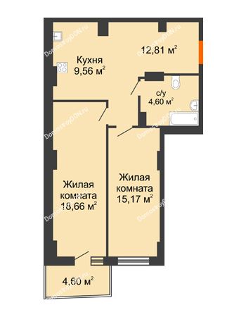 2 комнатная квартира 61,85 м² в ЖК Сердце Ростова 2, дом Литер 8