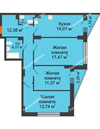 3 комнатная квартира 76,11 м² в ЖК Рубин, дом Литер 3