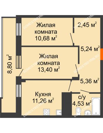 2 комнатная квартира 57,32 м² в ЖК Циолковский, дом № 3