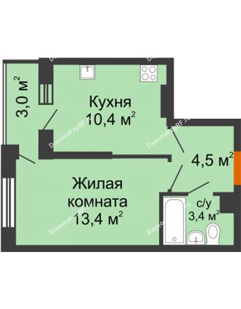 1 комнатная квартира 33,2 м² в ЖК Самолет, дом 2 очередь - Литер 1